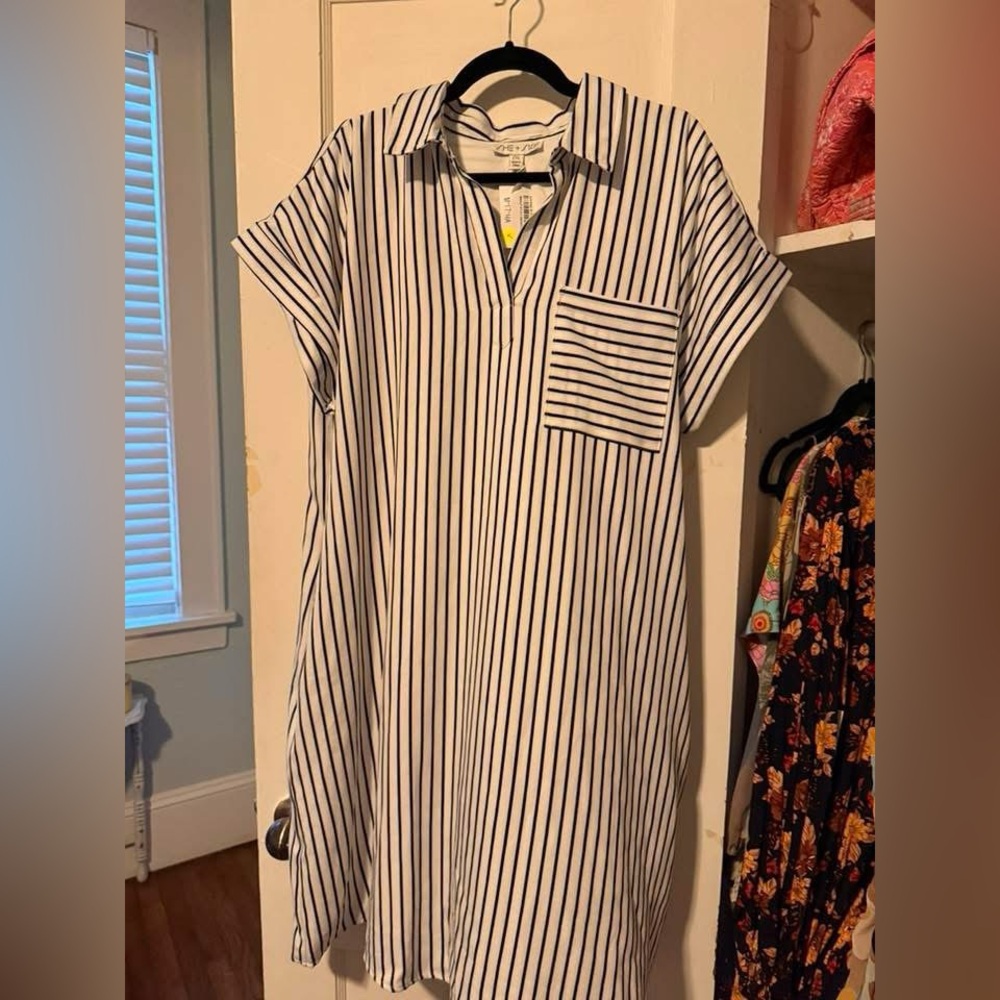 She + Sky White Dress with Black Pinstripes